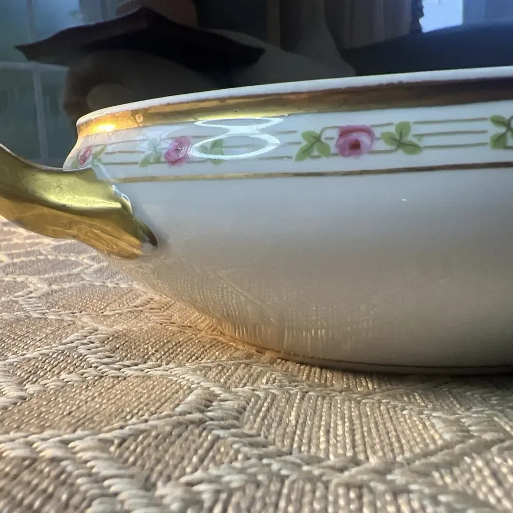 Antique M. Redon Limoges RDN10 Veggie Serving Dish 11” Gold Double Handle Rose